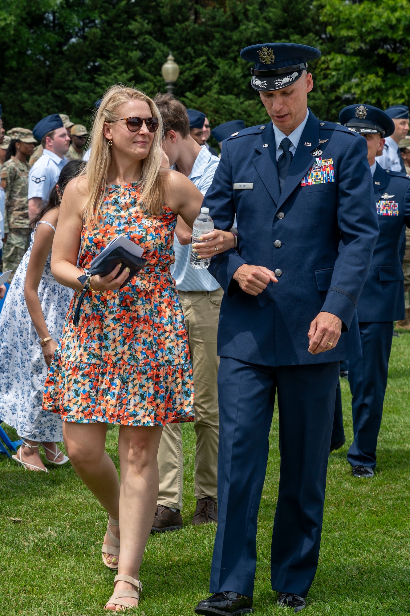 U.S. Air Force Lt. Col. Jeffrey P. Pelkey, 794th Communications Squadron incoming commander, walks with his wife following the 794th CS change of command ceremony at Joint Base Anacostia-Bolling, Washington, D.C., June 10, 2025. Pelkey previously served as the branch chief of 17D Talent Management, Headquarters Air Force at the Pentagon. (U.S. Air Force photo by Hayden Hallman)