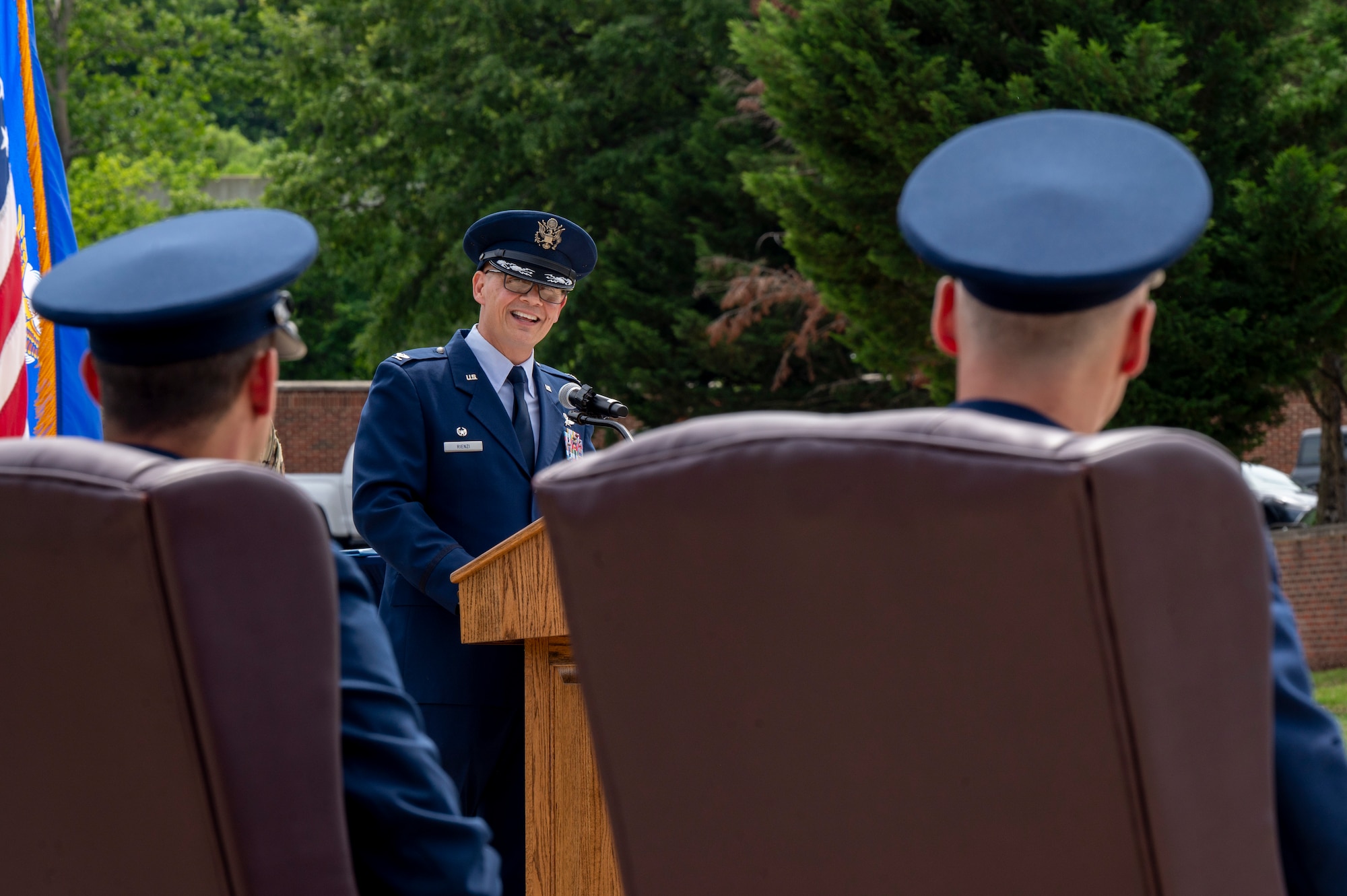 U.S. Air Force Col. Patrick D. Rienzi, 844th Communications Group commander, speaks as the presiding official during the 794th Communications Squadron change of command ceremony at Joint Base Anacostia-Bolling, Washington, D.C., June 10, 2025. Rienzi spoke highly of outgoing commander U.S. Air Force Lt. Col. Daniel P. Boyarski’s effectiveness in leading the 794th CS in its mission of providing communication services to JBAB. (U.S. Air Force photo by Hayden Hallman)