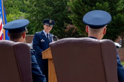 U.S. Air Force Col. Patrick D. Rienzi, 844th Communications Group commander, speaks as the presiding official during the 794th Communications Squadron change of command ceremony at Joint Base Anacostia-Bolling, Washington, D.C., June 10, 2025. Rienzi spoke highly of outgoing commander U.S. Air Force Lt. Col. Daniel P. Boyarski’s effectiveness in leading the 794th CS in its mission of providing communication services to JBAB. (U.S. Air Force photo by Hayden Hallman)