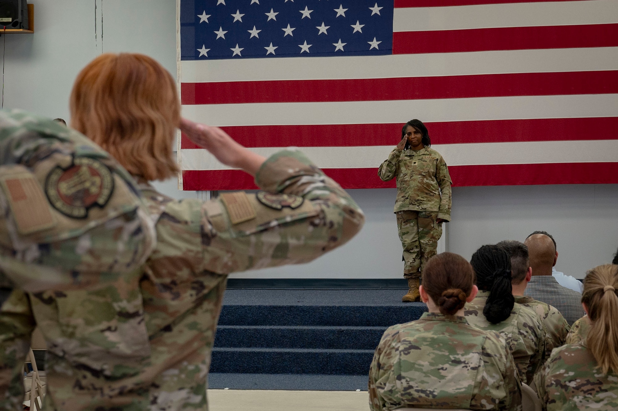 Lt. Col. Tammy Shy, 319th Healthcare Operations Squadron commander, renders her first salute as commander during a change of command ceremony at Grand Forks Air Force Base, N.D., June 10, 2025.