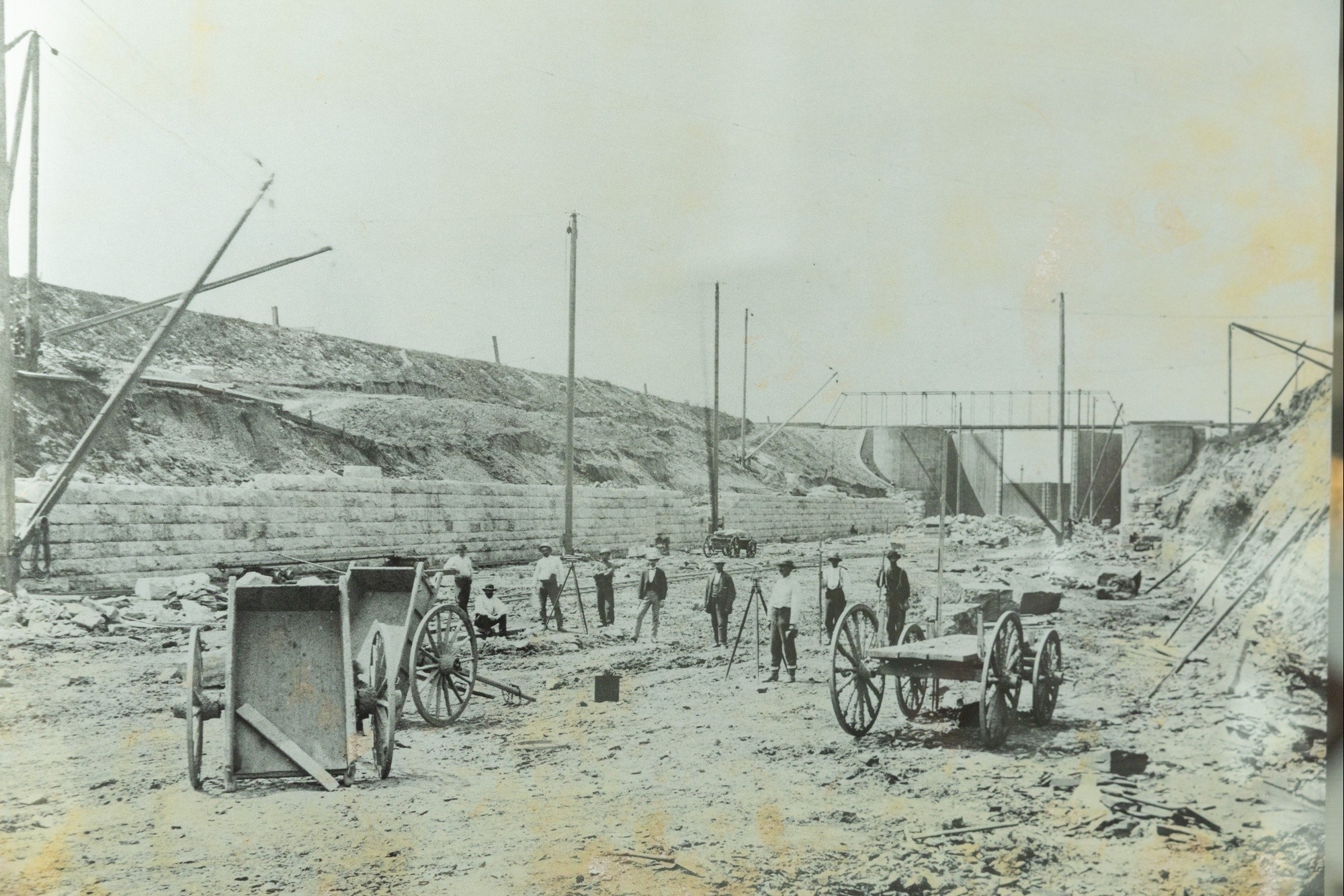 Construction of canal improvements using stiffleg derricks which were used to lift and move the heavy stones, 1872. The Louisville and Portland Canal Company, with the help of Army engineers, operated a canal around the Falls of the Ohio from 1830 to 1874 when Congress handed over full jurisdiction to the U.S. Army Corps of Engineers. In 1875, the U.S. Army Corps of Engineers began constructing locks and dams along the entire length of the Ohio River. Today, the U.S. Army Corps of Engineers Louisville District operates seven locks and dam systems along the Ohio River. More than 415 million tons of cargo pass through the district’s Ohio River locks annually, powering America’s economy with the most cost and energy efficient way to transport commodities