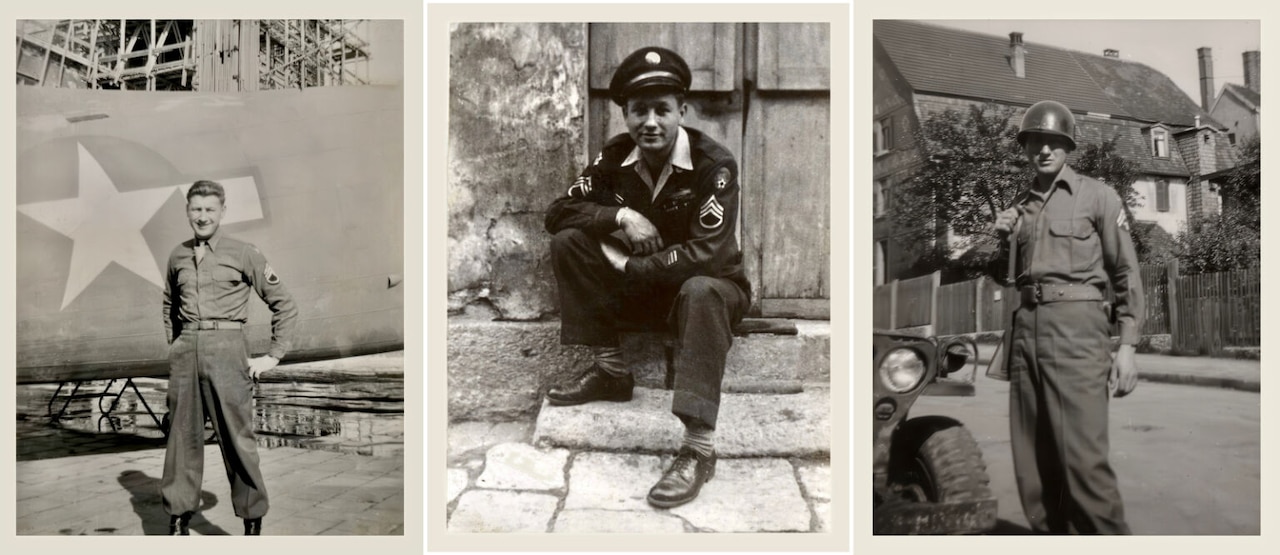 A man, wearing a military uniform, poses in three photographs.
