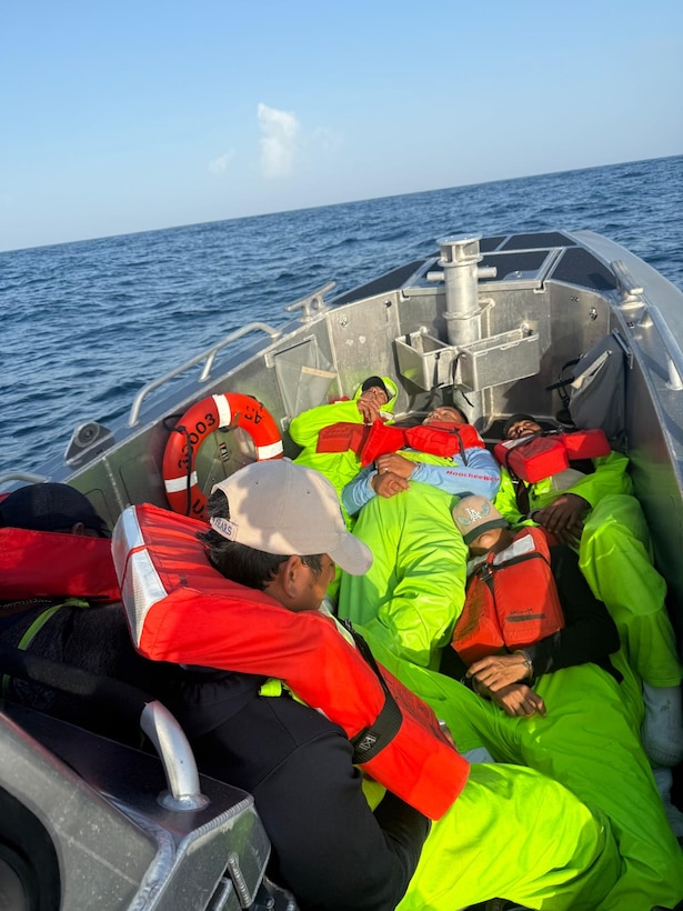 A 33-foot Special Purpose Craft Law Enforcement boat crew from Coast Guard Station South Padre Island surveys a Mexican lancha offshore the southern Texas coast, June 13, 2025. Coast Guard crews detained 12 Mexican fishermen and seized 1,500 pounds of red snapper. (U.S. Coast Guard photo, courtesy Station South Padre Island)