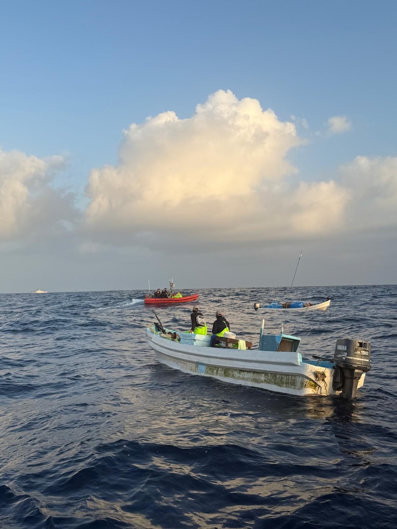 A 33-foot Special Purpose Craft Law Enforcement boat crew from Coast Guard Station South Padre Island surveys a Mexican lancha offshore the southern Texas coast, June 13, 2025. Coast Guard crews detained 12 Mexican fishermen and seized 1,500 pounds of red snapper. (U.S. Coast Guard photo, courtesy Station South Padre Island)