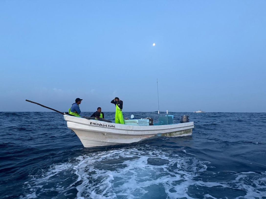 A 33-foot Special Purpose Craft Law Enforcement boat crew from Coast Guard Station South Padre Island surveys a Mexican lancha offshore the southern Texas coast, June 13, 2025. Coast Guard crews detained 12 Mexican fishermen and seized 1,500 pounds of red snapper. (U.S. Coast Guard photo, courtesy Station South Padre Island)