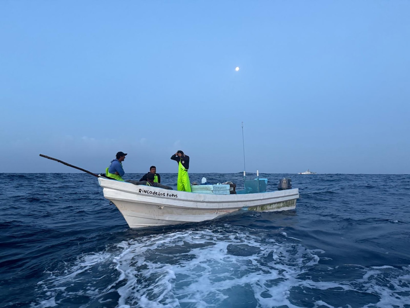 A 33-foot Special Purpose Craft Law Enforcement boat crew from Coast Guard Station South Padre Island surveys a Mexican lancha offshore the southern Texas coast, June 13, 2025. Coast Guard crews detained 12 Mexican fishermen and seized 1,500 pounds of red snapper. (U.S. Coast Guard photo, courtesy Station South Padre Island)