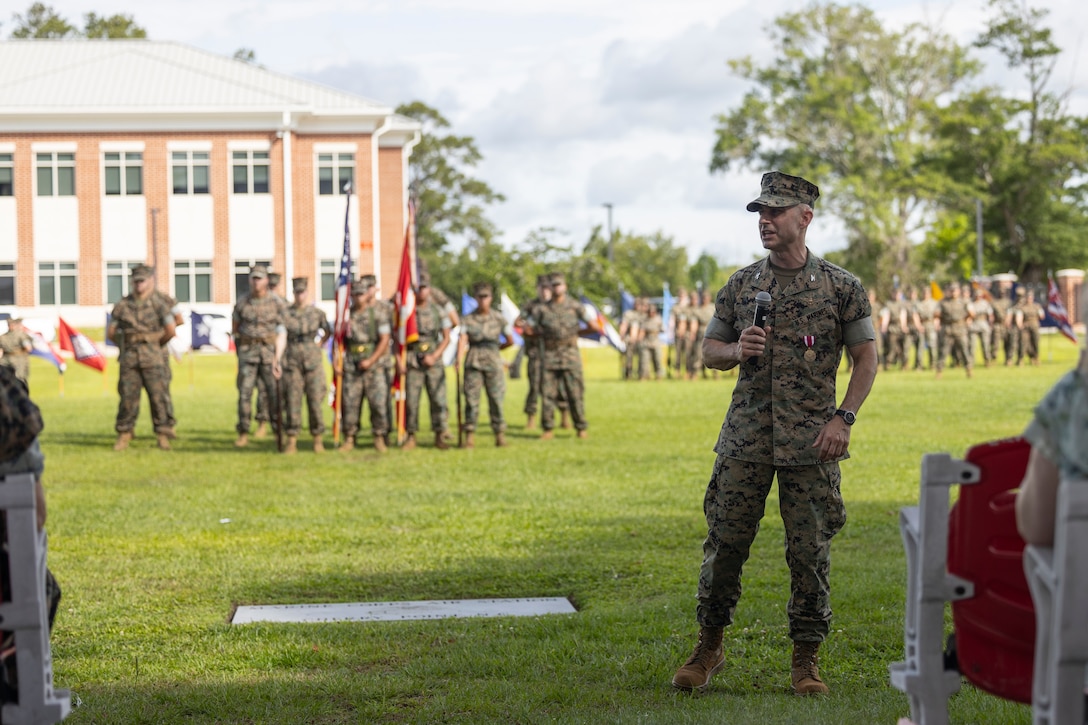 The ceremony represented a transfer of responsibility, authority, and accountability from Souza to Lt. Col. Keenan J. Chirhart. (U.S. Marine Corps photo by Lance Cpl. Mya Seymour)