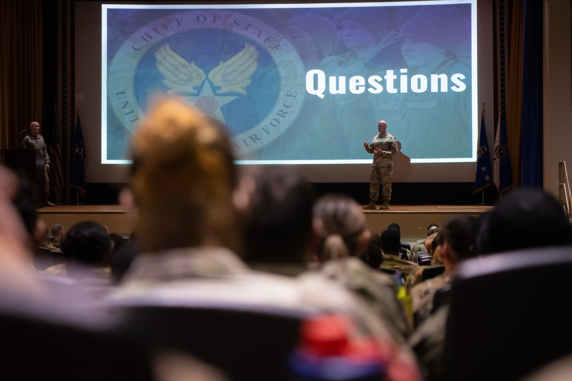 Chief Master Sergeant of the Air Force David Flosi delivers remarks during an all-call at MacDill Air Force Base, Florida, June 12, 2025. During their remarks, Air Force Chief of Staff Gen. David Allvin and Chief Master Sgt. Flosi discussed the future of Air Force operations, plans to build a more lethal force, and their dedication to Airmen development. (U.S. Air Force photo by Airman 1st Class Helen Ly)