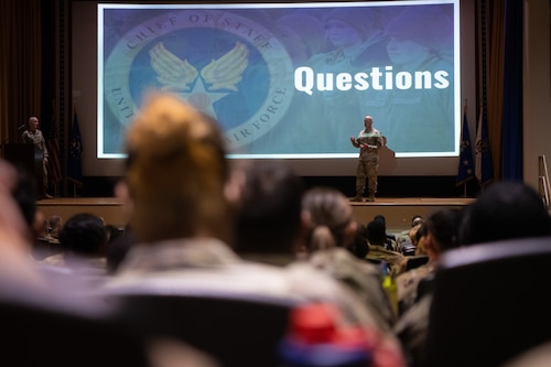 Chief Master Sergeant of the Air Force David Flosi delivers remarks during an all-call at MacDill Air Force Base, Florida, June 12, 2025. During their remarks, Air Force Chief of Staff Gen. David Allvin and Chief Master Sgt. Flosi discussed the future of Air Force operations, plans to build a more lethal force, and their dedication to Airmen development. (U.S. Air Force photo by Airman 1st Class Helen Ly)