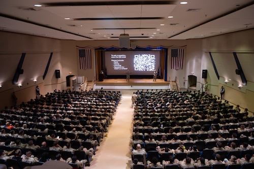 Chief Master Sergeant of the Air Force David Flosi delivers remarks during an all-call at MacDill Air Force Base, Florida, June 12, 2025. During their remarks, Air Force Chief of Staff Gen. David Allvin and Chief Master Sgt. Flosi discussed the future of Air Force operations, plans to build a more lethal force, and their dedication to Airmen development. (U.S. Air Force photo by Airman 1st Class Helen Ly)