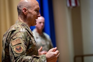 Air Force Chief of Staff Gen. David Allvin delivers remarks during an all-call at MacDill Air Force Base, Florida, June 12, 2025. During their remarks, Gen. Allvin and Chief Master Sergeant of the Air Force David Flosi discussed the future of Air Force operations, plans to build a more lethal force, and their dedication to Airmen development. (U.S. Air Force photo by Senior Airman Zachary Foster)