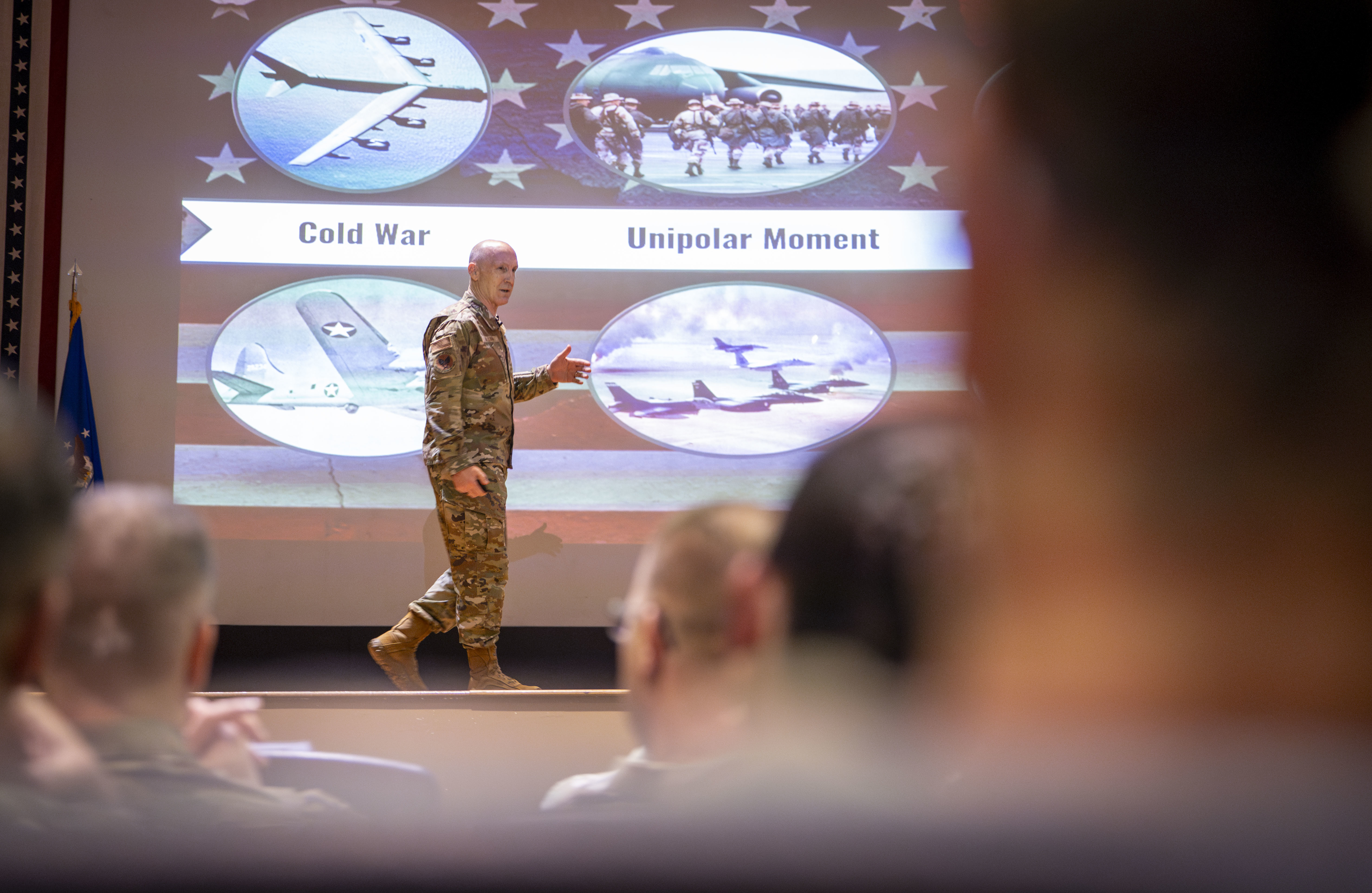 Air Force Chief of Staff Gen. David Allvin delivers remarks during an all-call at MacDill Air Force Base, Florida, June 12, 2025. During his remarks, Allvin discussed the future of Air Force operations, plans to build a more lethal force and his dedication to Airmen development. (U.S. Air Force photo by Airman 1st Class Alicia Campbell)