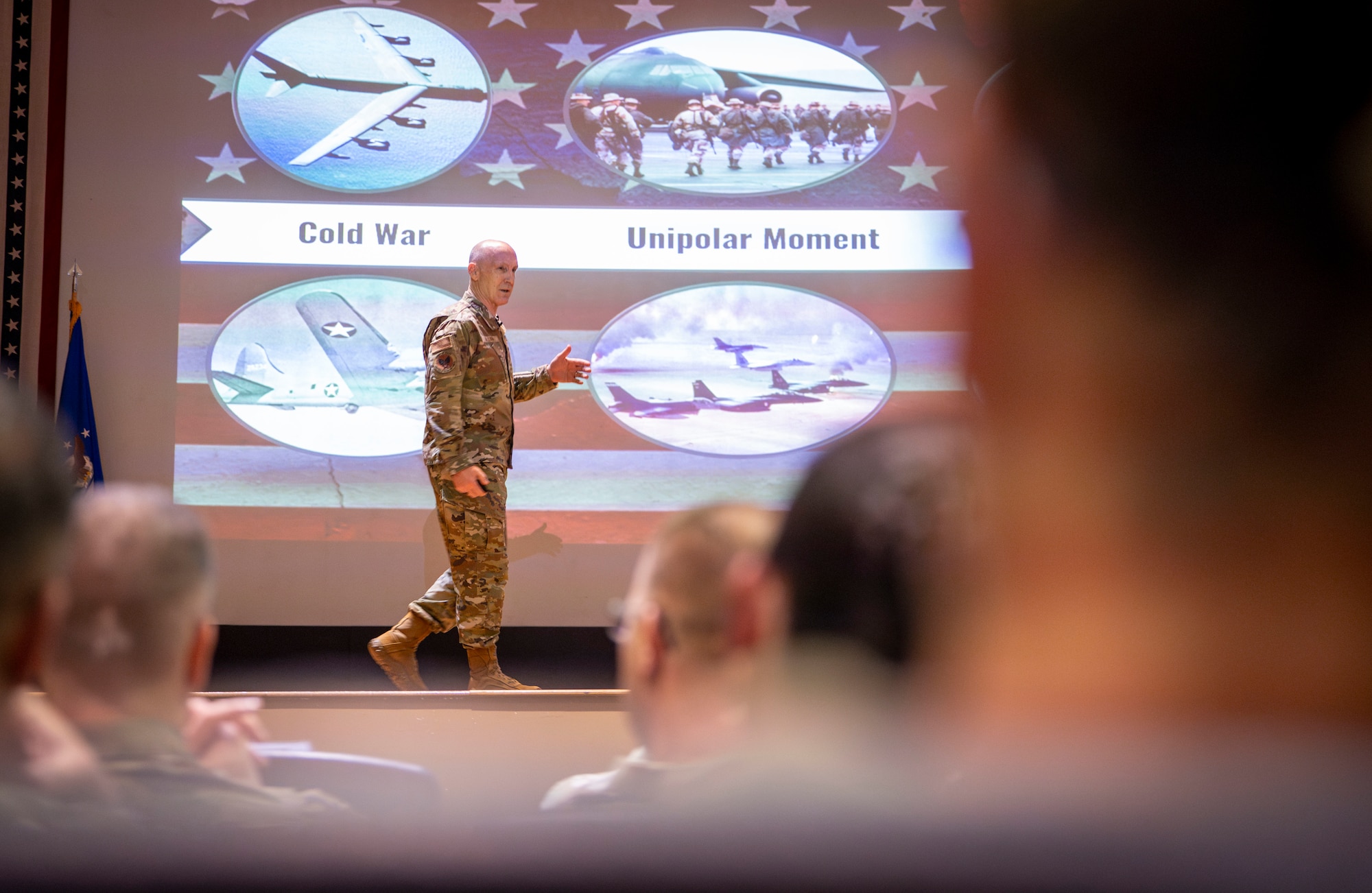 Air Force Chief of Staff Gen. David Allvin delivers remarks during an all-call at MacDill Air Force Base, Florida, June 12, 2025. During his remarks, Allvin discussed the future of Air Force operations, plans to build a more lethal force and his dedication to Airmen development. (U.S. Air Force photo by Airman 1st Class Alicia Campbell)