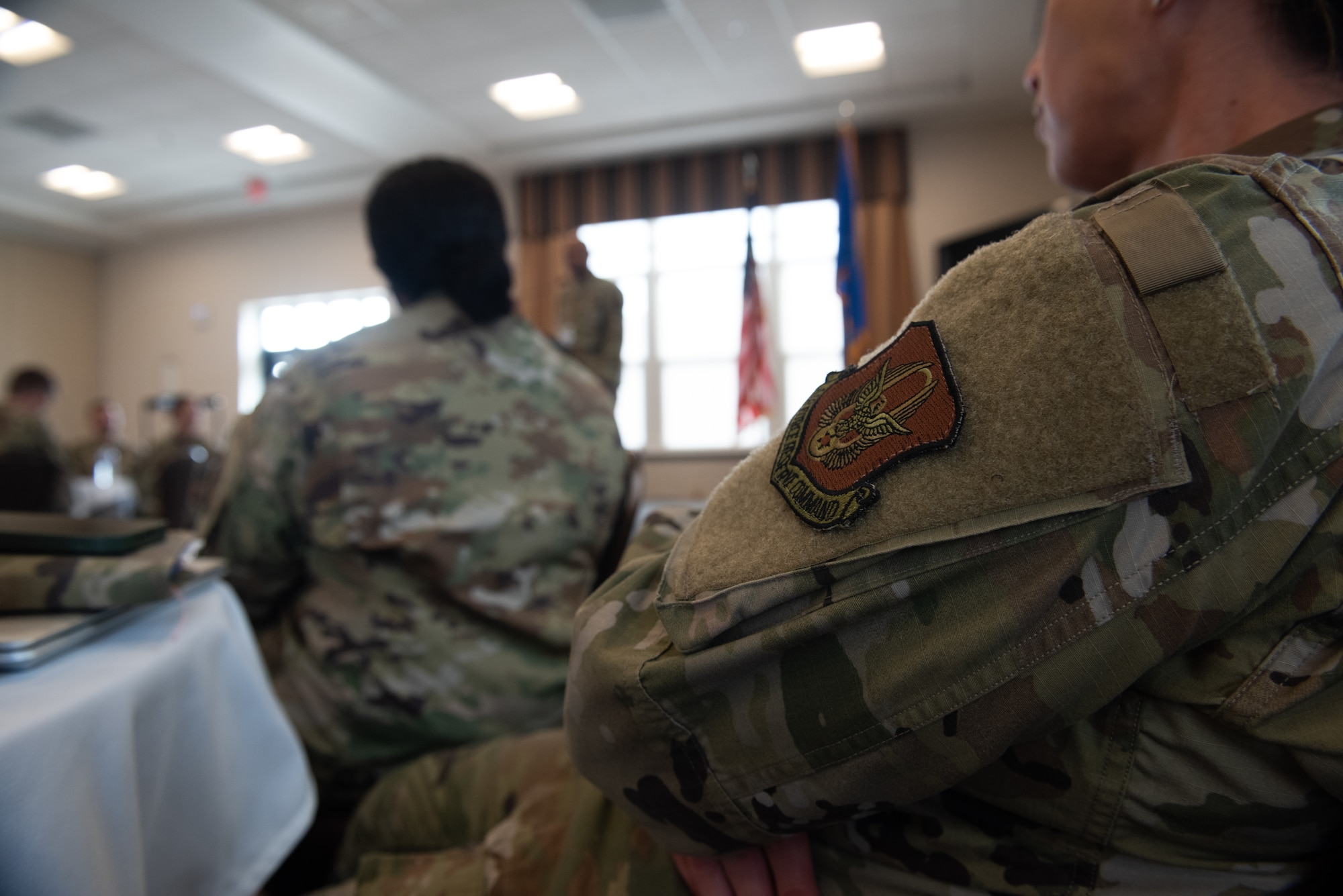 Command Chief Master Sgt. Travon Dennis, Fourth Air Force Command Chief, addresses First Sergeants from various Reserve Command units during a week-long symposium at Niagara Falls Air Reserve Station, New York, June 9, 2025.