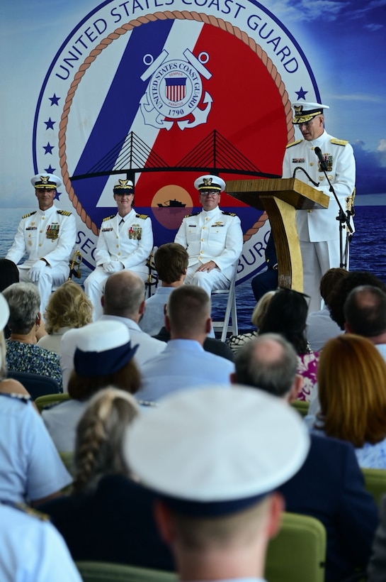 Rear Adm. Douglas Schofield presides over the Coast Guard Sector St. Petersburg change of command ceremony held at the Port of Tampa Bay in Tampa, Florida, June 13, 2025. As district commander, Schofield is responsible for all Coast Guard operations in the Southeast United States and the Caribbean Basin, including Florida, Georgia, South Carolina, Puerto Rico, and the U.S. Virgin Islands. (U.S. Coast Guard photo by Petty Officer 3rd Class Santiago Gomez)