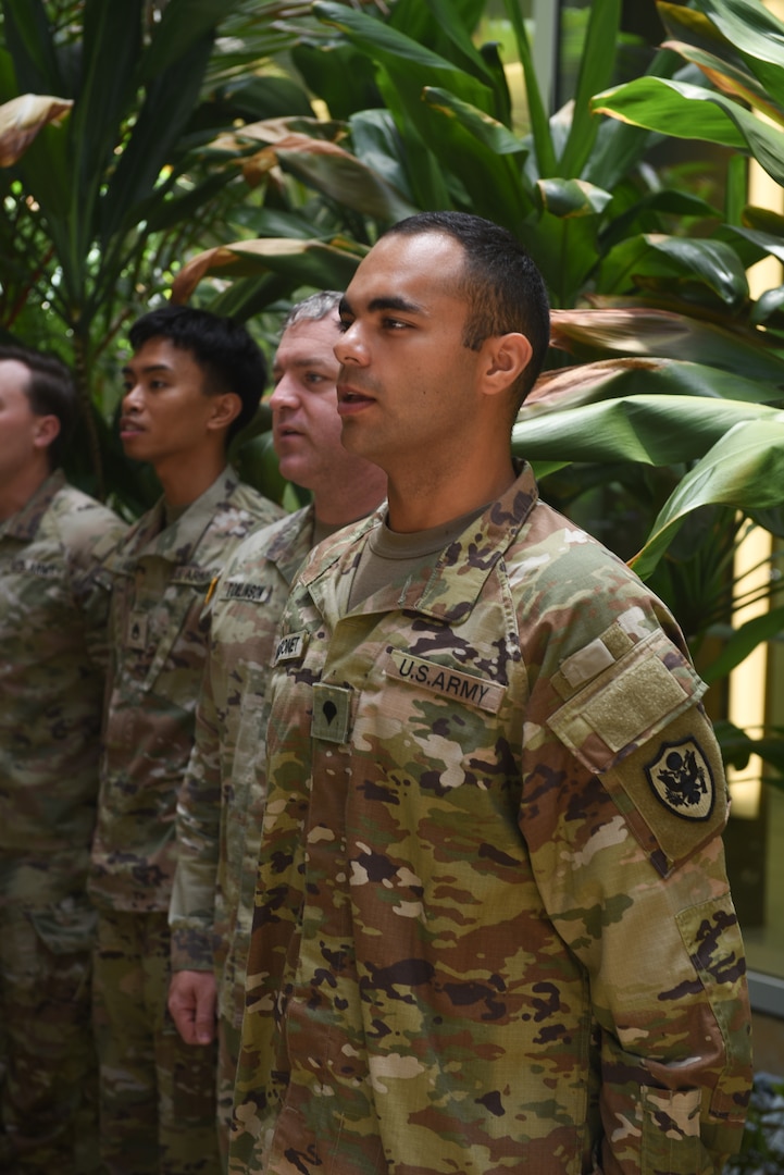 Spc. Jonathan Maisonet, a communications specialist assigned to the Defense POW/MIA Accounting Agency, sings the Army song during the 250th Army Birthday cake cutting ceremony held on Joint Base Pearl Harbor-Hickam, Hawaii, June 13, 2025. The ceremony was held to commemorate the Army's birthday honoring 250 years of rich history and defense of the nation.