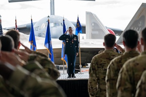 A U.S. Air Force commander delivers on final salute to his unit as he relinquishes his command.