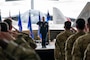 A U.S. Air Force commander delivers on final salute to his unit as he relinquishes his command.