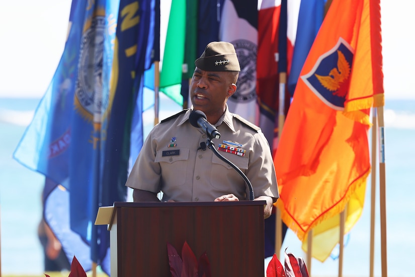 Gen. Ronald P. Clark, U.S. Army Pacific Commanding General gives his opening remarks at the Mana O Ke Koa “Spirit of the Warrior” award ceremony at Fort DeRussy, Hawaii,, on Jun. 12, 2025.