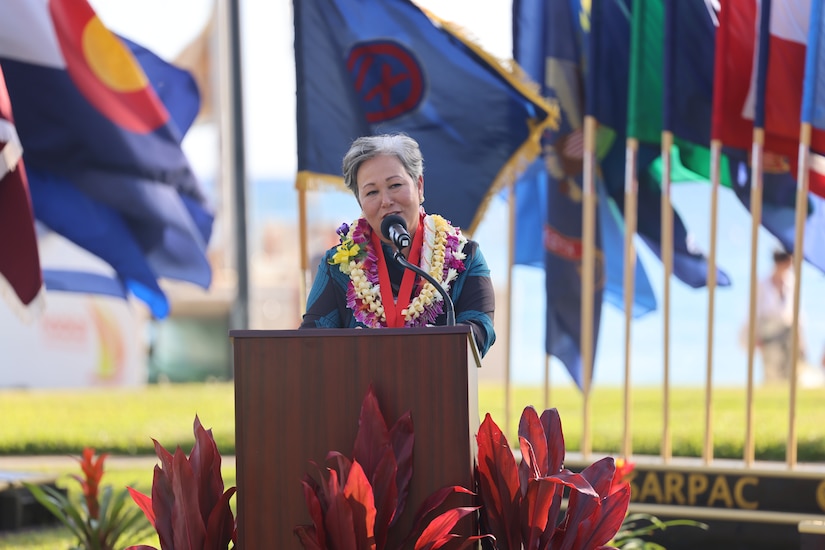 Maj. Gen. (Ret) Suzanne Puanani Vares-Lum delivered a speech during the Mana O Ke Koa "Spirit of the Warrior" a civilian community service award ceremony on Fort DeRussy, Hawaii,, Jun. 12, 2025.