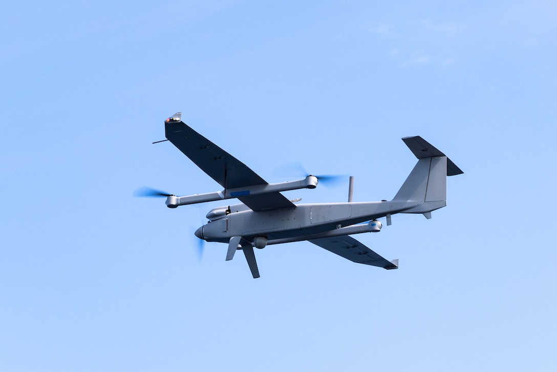 A Jump 20 group 3 Unmanned Aerial System conducts a flight to provide surveillance for maritime interception operations during Amphibious Ready Group Marine Expeditionary Unit exercise (ARGMEUEX), while underway in the Atlantic Ocean, May 15, 2025. During ARGMEUEX, the 22nd MEU, aboard Iwo Jima Amphibious Ready Group (IWOARG) shipping, conducts training in support of various mission essential tasks that enhance operational readiness and lethality as a unified IWOARG/22 MEU team. (U.S. Marine Corps photo by Sgt. Nathan Mitchell)