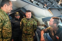 U.S. Air Force Maj. Ben Ernst, a 68th Airlift Squadron C-5M pilot, discusses the C-5M Super Galaxy’s strategic airlift capabilities with partner nation military leaders during an aircraft tour and familiarization as part of Exercise Southern Star ‘25 at Arturo Merino Benitez International Airport in Santiago, Chile, June 7, 2025.