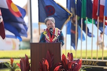 Maj. Gen. (Ret) Suzanne Puanani Vares-Lum delivered a speech during the Mana O Ke Koa "Spirit of the Warrior" a civilian community service award ceremony on Fort DeRussy, Hawaii,, Jun. 12, 2025.