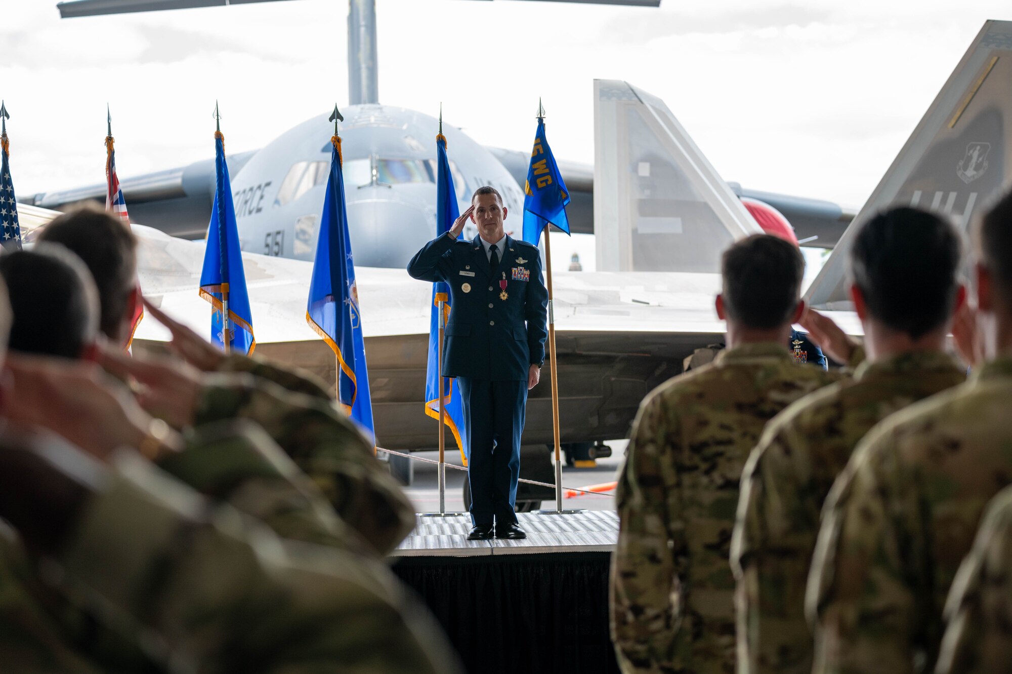 A U.S. Air Force commander delivers on final salute to his unit as he relinquishes his command.