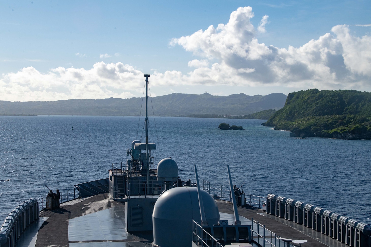 Apra Harbor, GUAM (June 14, 2025) - U.S. 7th Fleet flagship USS Blue Ridge (LCC 19) arrives in Naval Base Guam, June 14, 2025. The Blue Ridge and embarked U.S. 7th Fleet staff conduct regular Indo-Pacific patrols to deter aggression, strengthen alliances and partnerships, and advance future warfighting capabilities. (U.S. Navy photo by Mass Communication Specialist Seaman Andres Fonts)