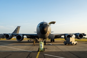 A U.S. Air Force KC-135 Stratotanker from the 100th Air Refueling Wing prepares for takeoff in support of exercise Atlantic Trident 25 at RAF Mildenhall, England, June 13, 2025.