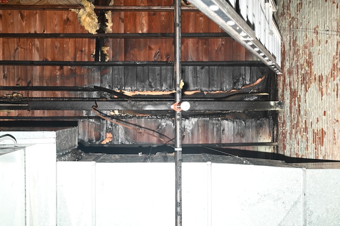 The origin point of a fire caused by a suspected lightning strike in the ceiling of the 22nd Air Refueling Wing’s innovation lab at McConnell Air Force Base, Kansas, June 3, 2025. A conduit in the ceiling caught fire after the building was potentially struck by lightning during a severe thunderstorm. (U.S. Air Force photo by Senior Airman Paige Weldon)