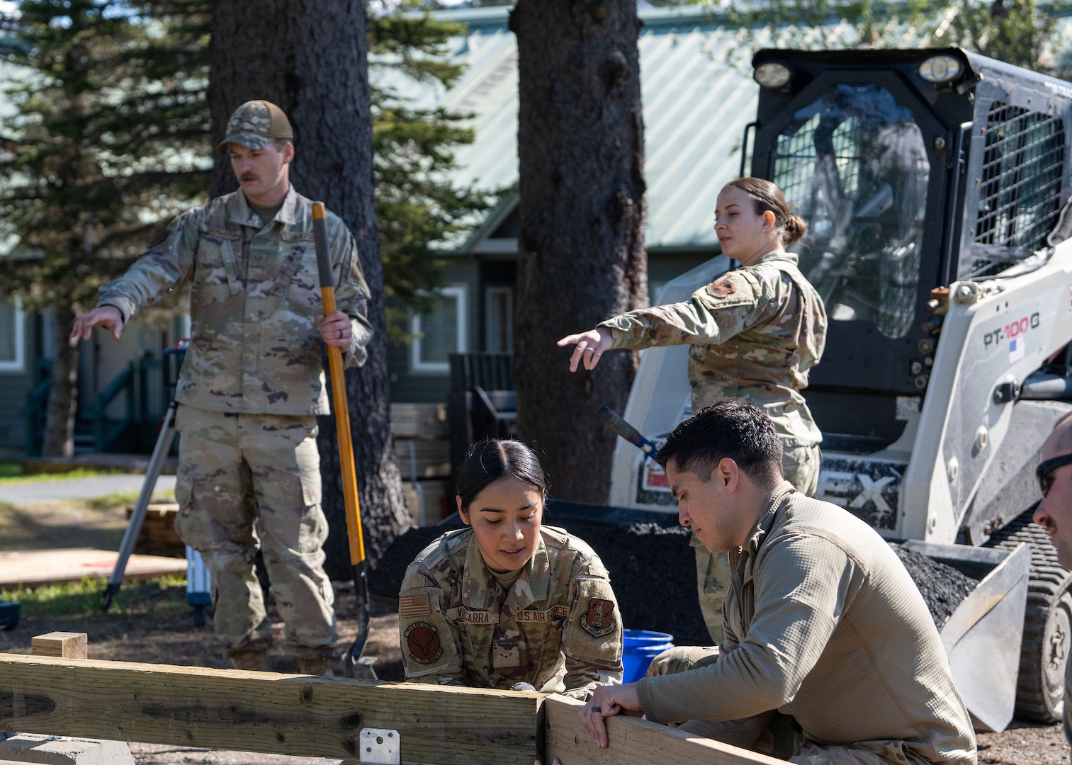 Airmen from the 141st Civil Engineer Squadron construct the base for a yurt at Seward Military Resort in Seward, Alaska, June 11, 2025.