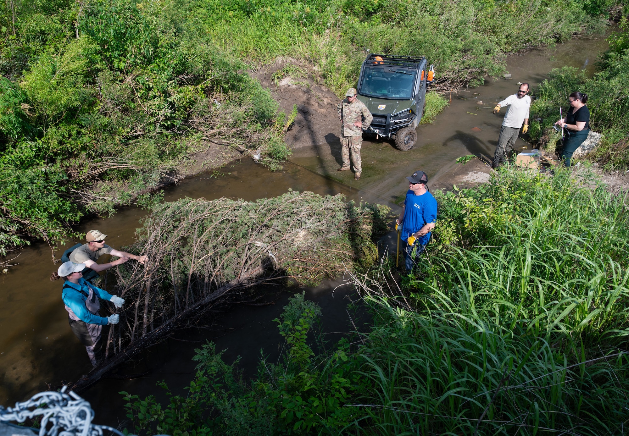 Airmen and civilians from the 22nd Civil Engineer Squadron, U.S. Fish and Wildlife Service, and Center for Environmental Management of Military Lands participate in a bank revetment project in a creek June 11, 2025, at McConnell Air Force Base, Kansas. A bank revetment uses trees to prevent erosion, which in this case was threatening the infrastructure of the approach lights on the southern tip of McConnell. (U.S. Air Force photo by Staff Sgt. Tryphena Mayhugh)