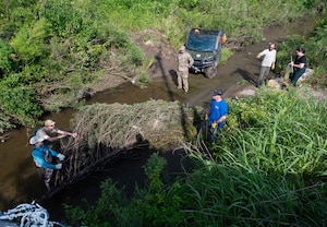 Airmen and civilians from the 22nd Civil Engineer Squadron, U.S. Fish and Wildlife Service, and Center for Environmental Management of Military Lands participate in a bank revetment project in a creek June 11, 2025, at McConnell Air Force Base, Kansas. A bank revetment uses trees to prevent erosion, which in this case was threatening the infrastructure of the approach lights on the southern tip of McConnell. (U.S. Air Force photo by Staff Sgt. Tryphena Mayhugh)