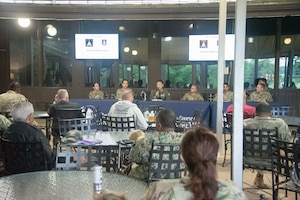 Colonel Oh responds to a question during a town hall.