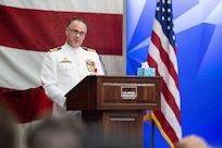 Outgoing Commanding Officer Capt. Jesse Black speaks during the U.S. Naval Research Laboratory (NRL) change of command ceremony, Washington, D.C. June 13, 2025. (U.S. Navy photo by Sarah Peterson)