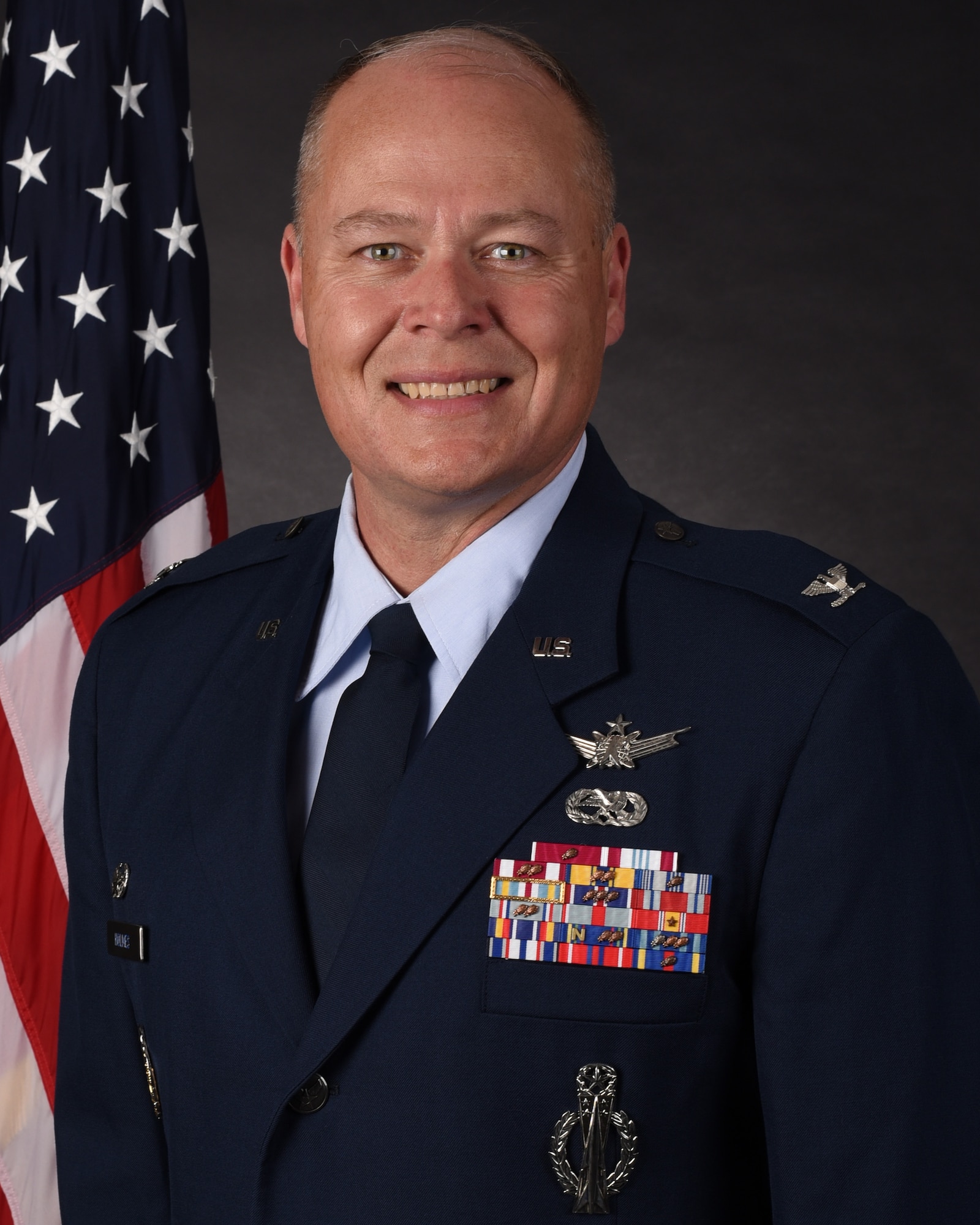 Col. Terrance Holmes, 90th Missile Wing commander, poses for a photo at F.E. Warren Air Force Base, Wyoming, June 10, 2025.