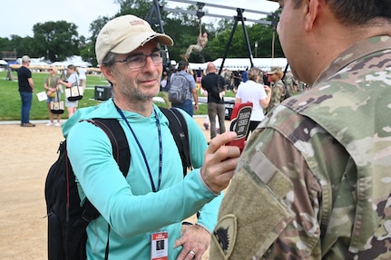 Maj. Gen. John C. Andonie, Commanding General (Interim) for the D.C. National Guard, participates in a media interview during the 250th Army Birthday Festival and Parade in Washington, DC, on June 14, 2025.