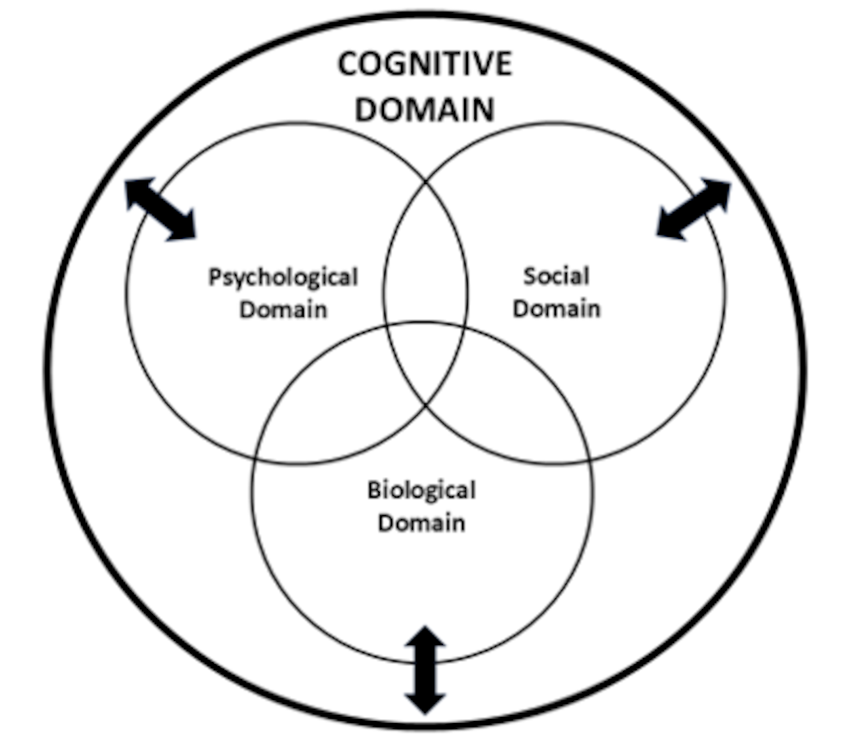 A Venn diagram showing the interaction of three domains within a larger "Cognitive Domain." Three overlapping circles are labeled "Psychological Domain," "Social Domain," and "Biological Domain." The overlapping areas represent how these domains interact. Each domain has a bold black arrow pointing outward, indicating dynamic relationships. The entire Venn diagram is enclosed within a larger circle labeled "Cognitive Domain," suggesting it encompasses all three subdomains.
