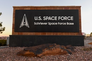 50th Civil Engineer Squadron manages the installation of the Schriever SFB sign at the main gate. (U.S. Space Force photo by Lekendrick Stallworth)