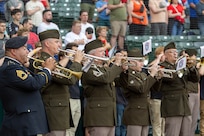 A U.S. Army Recruiting Band plays the Star Spangled Banner before an Indianapolis Indians baseball game at Victory Field in Indianapolis June 14, 2025. Eighteen Future Soldiers took the Oath of Enlistment before the game, which paid special tribute to the Army's 250th birthday. (U.S. Army photo by Mark R. W. Orders-Woempner)