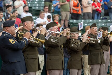 A U.S. Army Recruiting Band plays the Star Spangled Banner before an Indianapolis Indians baseball game at Victory Field in Indianapolis June 14, 2025. Eighteen Future Soldiers took the Oath of Enlistment before the game, which paid special tribute to the Army's 250th birthday. (U.S. Army photo by Mark R. W. Orders-Woempner)