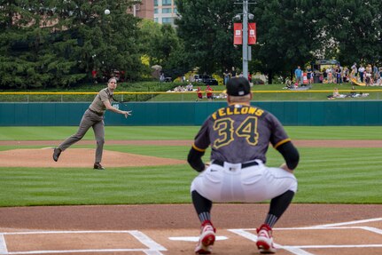 Col. Whitney Jensen, U.S. Army 3rd Recruiting Brigade commander, throws out a first pitch at an Indianapolis Indians baseball game at Victory Field in Indianapolis June 14, 2025. Eighteen Future Soldiers took the Oath of Enlistment before the game, which paid special tribute to the Army's 250th birthday. (U.S. Army photo by Mark R. W. Orders-Woempner)