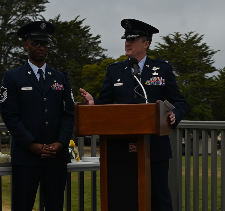 U.S. Air Force Col. Jason Guyette, 517th Training Group commander, speaks upon assuming command of the 517th TRG on Soldier Field at the Presidio of Monterey, California, June 12, 2025. The change of command ceremony is a military tradition, which illustrates the formal transfer of authority by the passing of the guidon from departing commander to incoming commander. (U.S. Air Force photo by Staff Sergeant Nathan Call)