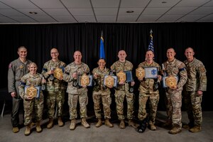 Team XL’s newest U.S. Air Force Master Sgt. selects pose for a group photo following their recognition ceremony at XL Landings, June 13, 2025. The Air Force selected 6,043 Airmen across the force for promotion to Master Sgt., including seven from the 47th Flying Training Wing. (U.S. Air Force photo by Airman 1st Class Darryl Keith)