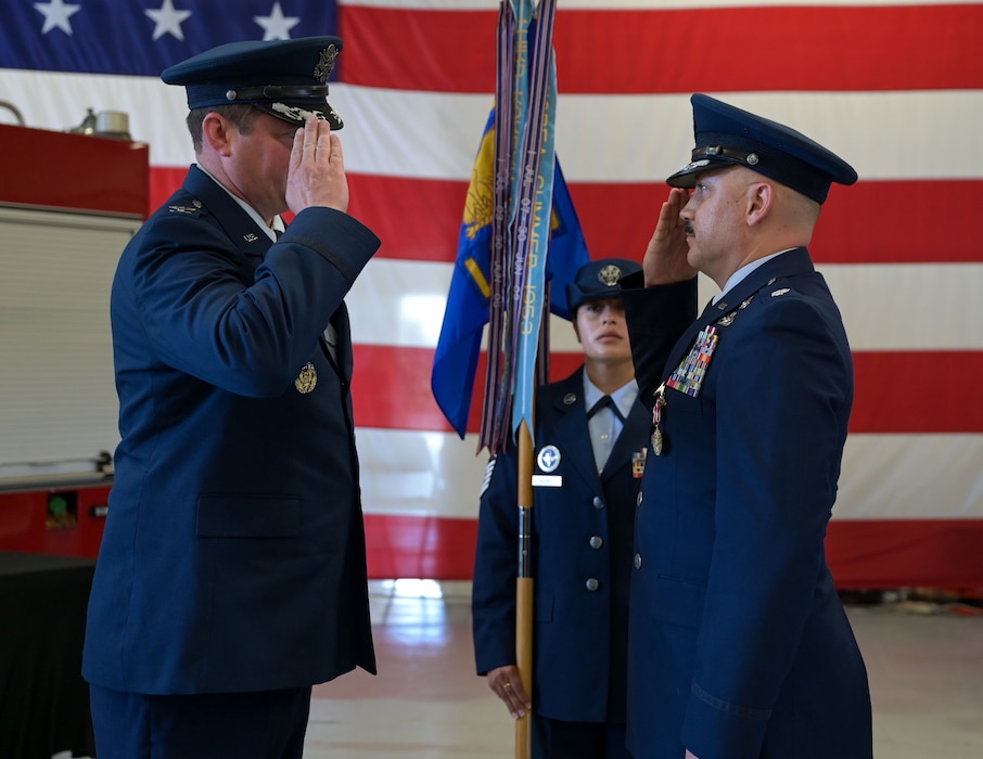 U.S. Air Force Lt. Col. Jose Quintanilla, 17th Logistics Readiness Squadron outgoing commander, right, relinquishes command to Col. Timothy Dalby, 17th Mission Support Group ceremony at Goodfellow Air Force Base, Texas, June 13, 2025.The 17th LRS provides logistics planning, deployment readiness, personal property, passenger travel, cargo distribution, materiel management, ground fuels, munitions, ground transportation and vehicle management services in support of the 17th Training Wing mission. (U.S. Air Force photo by Senior Airman Evelyn J. D’Errico)