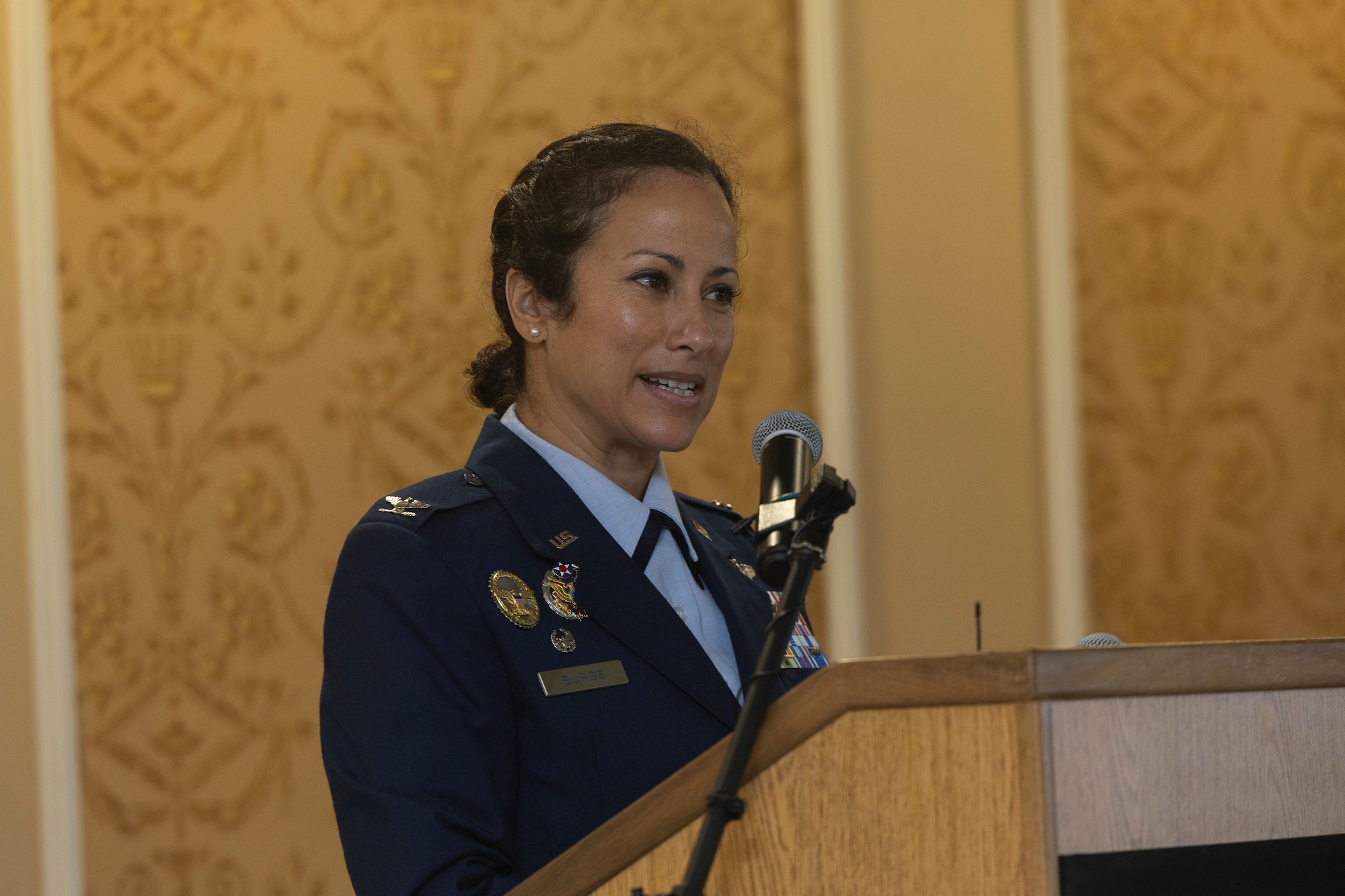 Col. Manaal I. Burge, 192nd Mission Support Group commander, speaks at the podium.