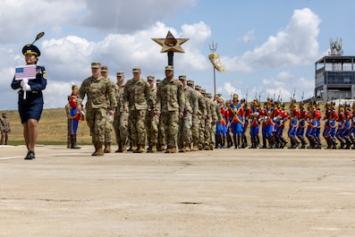 FIVE HILLS TRAINING AREA, MONGOLIA (June 14, 2025) — U.S. Army Soldiers assigned to 11th Military Police Brigade, 200th Military Police Command, march during the opening ceramony for Khaan Quest 2025, on June 14, 2025, at Five Hills Training Area,...
