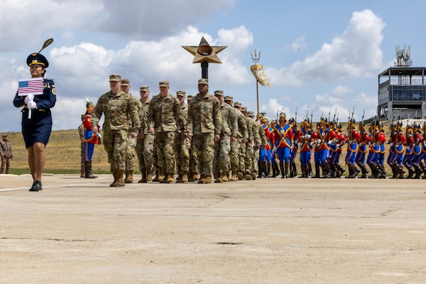 U.S. Army Soldiers assigned to 11th Military Police Brigade, 200th Military Police Command, march during the opening ceramony for Khaan Quest 2025, on June 14, 2025, at Five Hills Training Area, Mongolia.