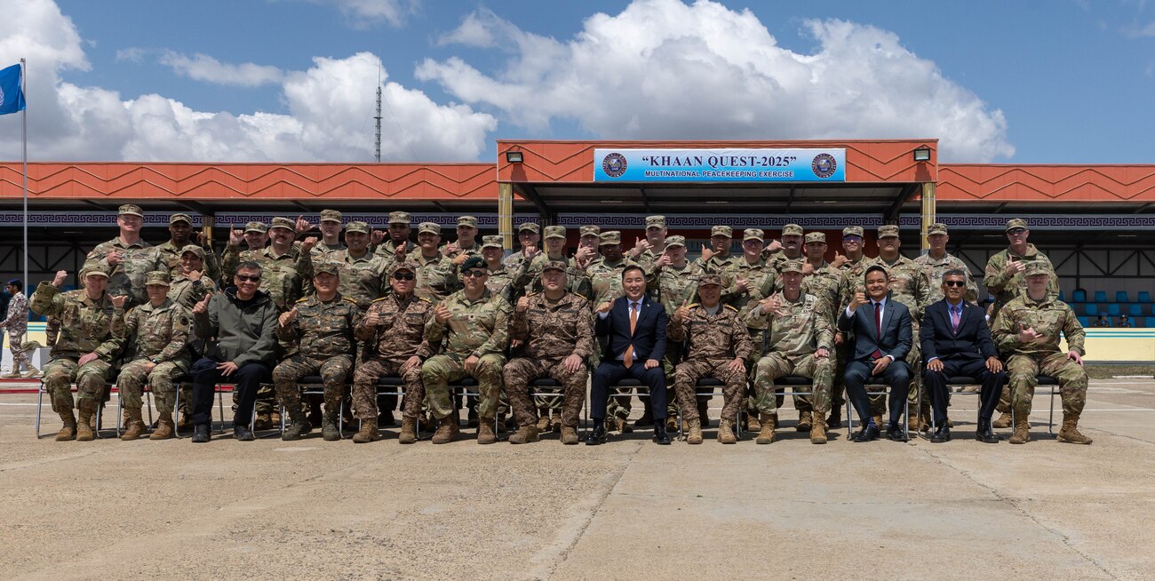 U.S. Army Lt. Gen. Joel “JB” B. Vowell, Deputy Commanding General of United States Army Pacific, forth from the right, and Mongolian Armed Forces Maj. Gen. S. Ganbyamba, center, the chief of general staff of the Armed Forces, fifth from the right, poses with multinational service members and distinguished officials, during Khaan Quest 2025, on June 14, 2025, at Five Hills Training Area, Mongolia.